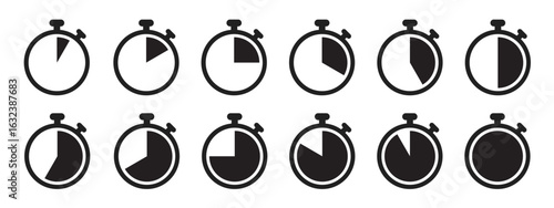 Stopwatch icon set in black color on white background. Collection of countdown timer and clock symbols. Vector illustration of stopwatch icons for time tracking and scheduling use.