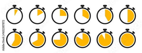 Stopwatch icon set in orange color on white background. Collection of countdown timer and clock symbols. Vector illustration of stopwatch icons for time tracking and scheduling design.