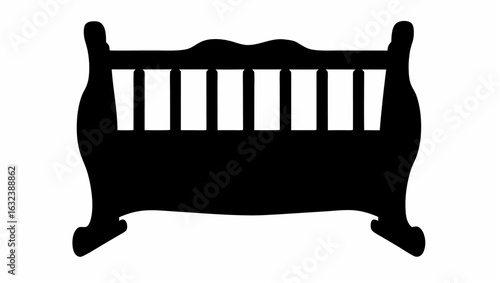 Silhouette of an antique wooden baby crib with vertical slats and curved headboard and footboard design