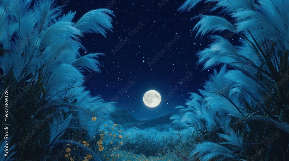 Obraz premium A full moon rises over a dreamy, blue-tinted field of tall grasses under a clear, starry night sky