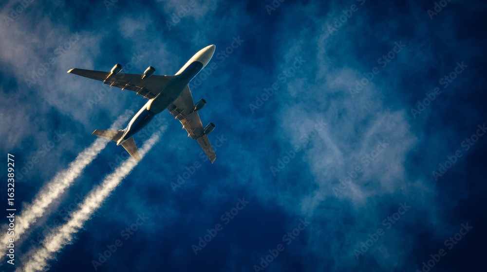 Naklejka premium An airplane ascends in a deep blue sky with white contrails trailing behind,