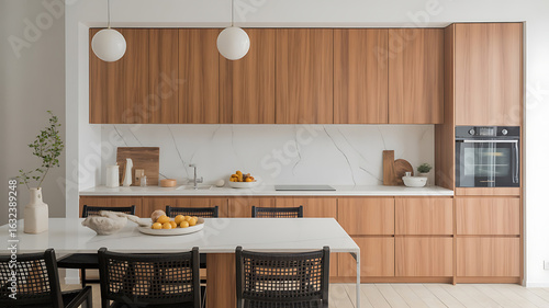 Modern kitchen features wooden cabinetry, white countertops, and a bright, minimalist design.