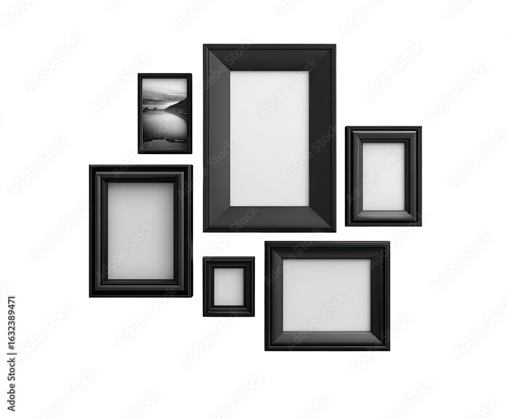 custom made wallpaper toronto digitalBlack picture frames in a gallery wall arrangement. Several empty frames, one with a grayscale image, are grouped on a dark background