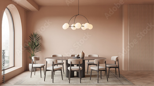 Elegant dining room with warm tones, modern lighting, and minimalist furniture arrangement.