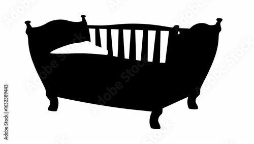 Silhouette of a baby crib with a pillow inside and vertical bars at the head of the crib design