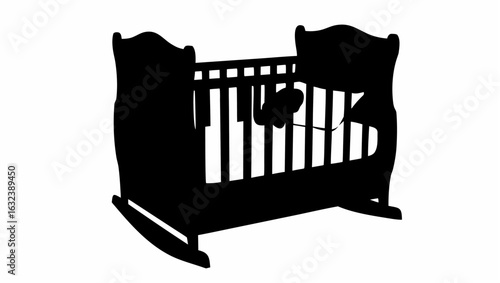 Silhouette of a baby crib with rocking base and a hanging toy inside against a white background view