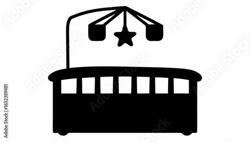 Silhouette illustration of a baby crib with mobile hanging above it featuring a star and two shapes