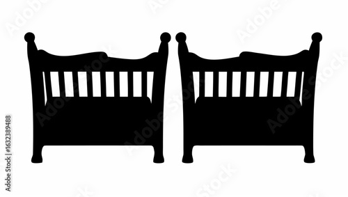 Two identical black silhouette beds with headboards and footboards facing forward on a white background space
