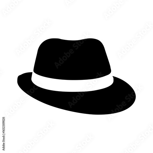 Elegant fedora graphic in solid black with a classic white band, a design element perfect for fashion and stylish themes.