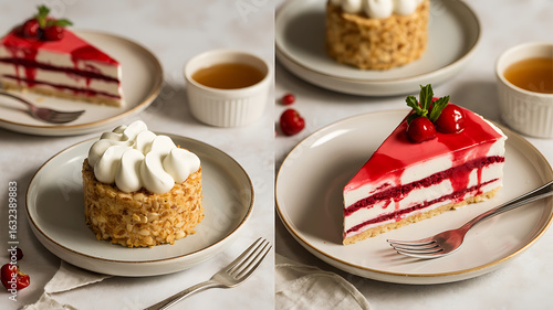 Delicious layered cakes with berries and cream, served with a warm beverage, inviting indulgence.