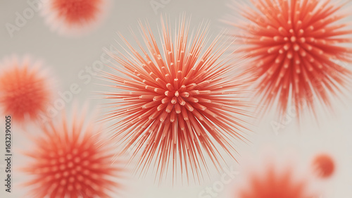 Vibrant, spiky spheres in shades of red float against a soft, neutral background.