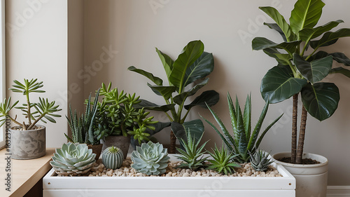 Assorted greenery thrives in pots and a planter, bringing life and freshness indoors.
