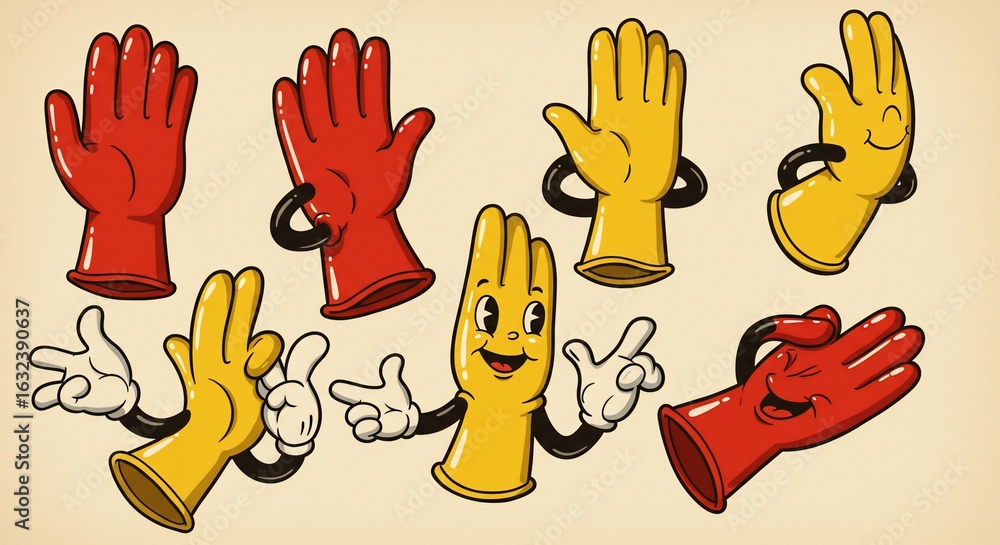 Fototapeta premium Cartoonish rubber gloves in red and yellow with expressive faces and vintage style