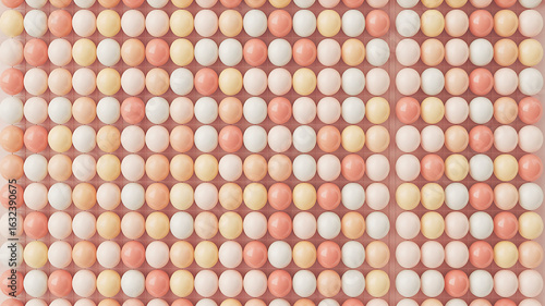 Colorful, repeating pattern of round candies creates a vibrant, textured, and visually engaging design.