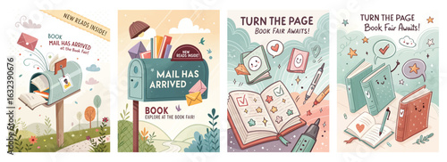 Set of four posters featuring charming book and mail illustrations for a vibrant book fair