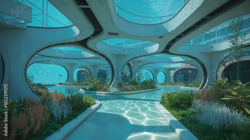 Futuristic underwater architecture with curved structures, lush greenery, and shimmering turquoise water.