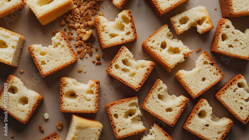 Golden, cubed bread with distinctive holes, scattered on a grey surface, evoking a rustic, baked treat.