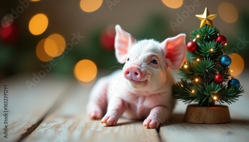 Adorable piglet rests by a decorated mini tree Heartwarming holiday image , ornaments, warm, christmas