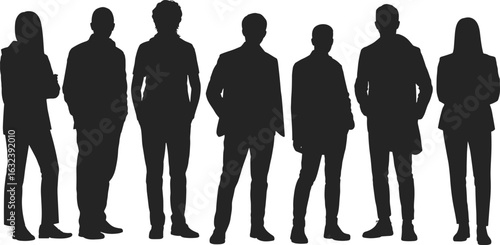 Silhouettes of business professionals, diverse team, corporate unity, formal attire, office group, teamwork, collaboration, leadership, diversity, standing together, professional