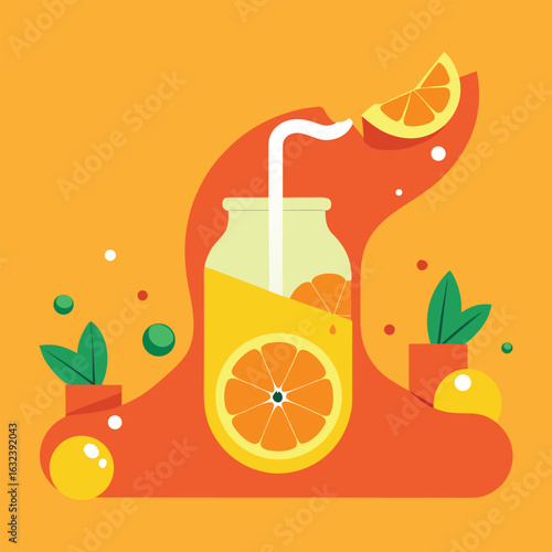 Vector art of man working on making orange juice in a jar with oranges and leaves