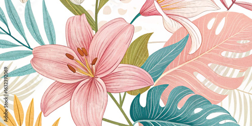 Abstract Colorful floral pattern featuring delicate lilies and tropical leave background with texture.