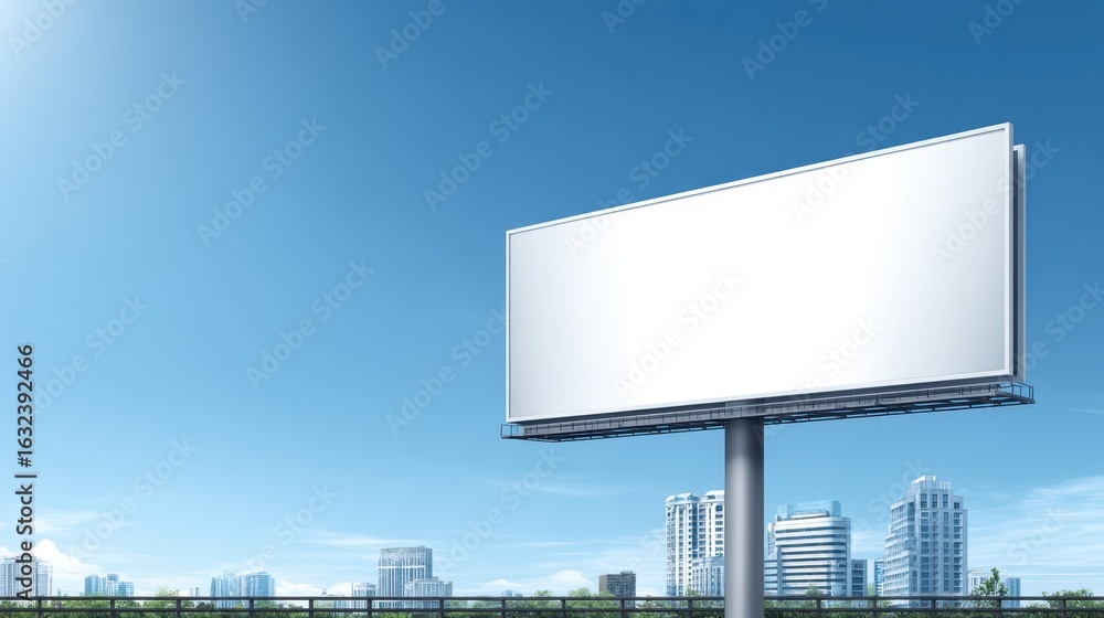 Fototapeta premium A large blank billboard stands in front of a modern city skyline under a clear blue sky