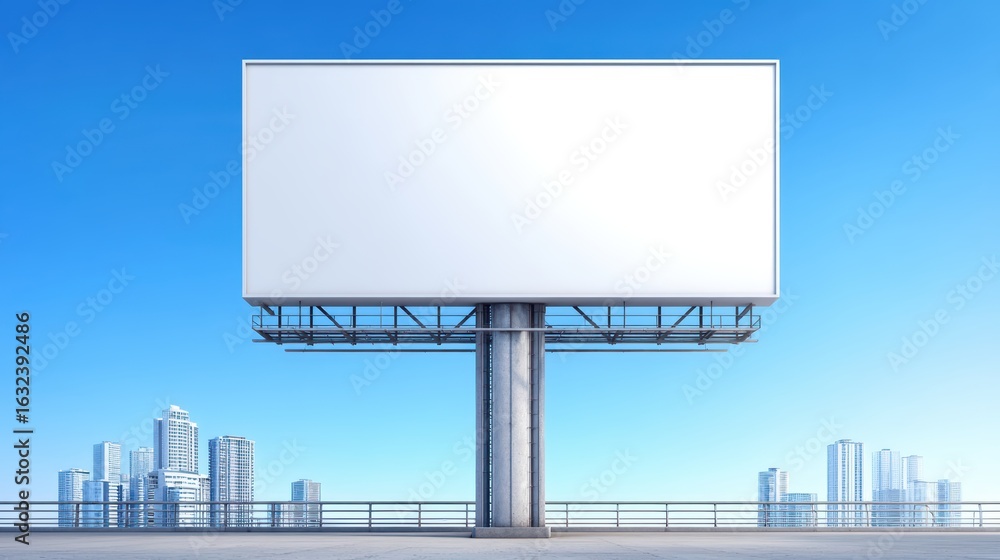 Fototapeta premium A large blank billboard stands against a clear blue sky, with modern city buildings visible in the background