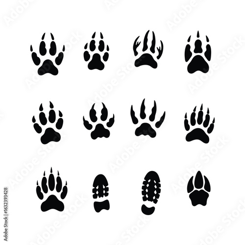 A diverse collection of black silhouette animal paw prints and human boot tracks. Vector illustration set of various footprints for comparison.