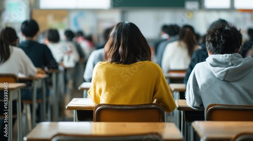 Students sit at desks in a classroom, focusing on a lesson or exam, viewed from behind in a bright, academic environment