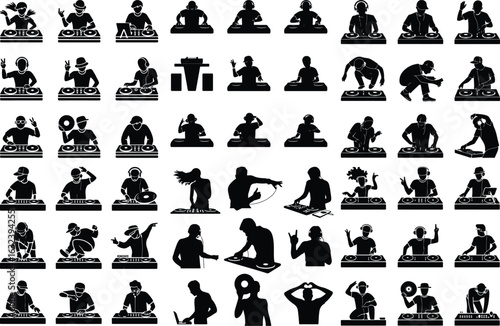 DJ at Turntable Silhouette Icon Set – Party Music Design Club DJ Mixing Silhouette Icon Set – Nightlife Beat Art