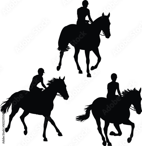 Silhouettes of horse riders, galloping, trotting, walking, dynamic poses, equestrian action, black figures, isolated, motion, riding styles, expressive