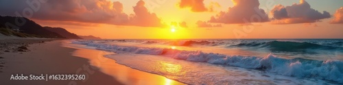 Golden sunset paints sky, waves gently caress sandy beach ,  sand,  texture