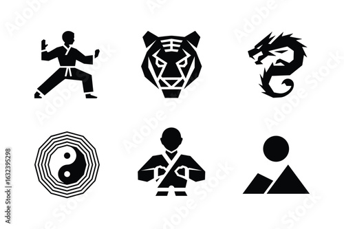 Martial arts figures dragon tiger yin yang symbol and geometric shapes karate fighter