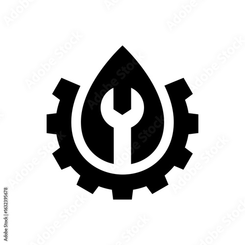 A versatile graphic of a wrench inside a water droplet and gear, perfect for plumbing services, mechanical work, or engineering designs.