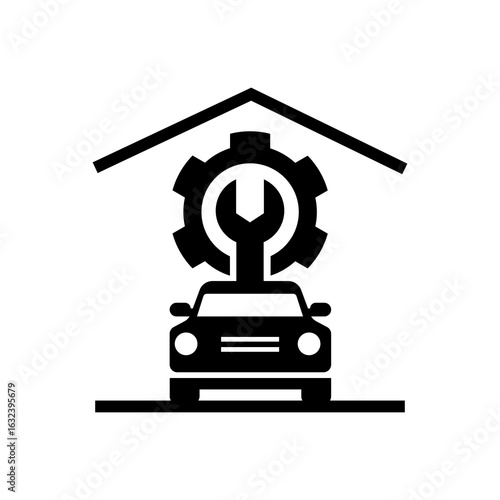 Car repair garage symbol displaying vehicle maintenance with gear and wrench, offering scalable design options for automotive service logos.