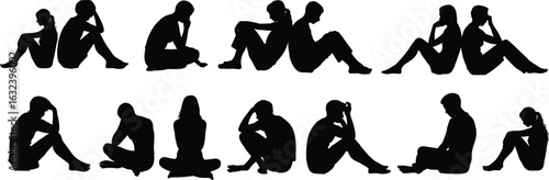 Silhouettes of people, sitting poses, contemplation, loneliness, solitude, emotional reflection, mental health, introspection, isolation, thoughtful, psychological themes, vector art