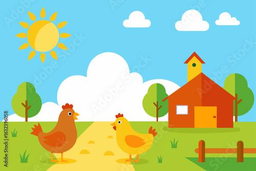 Chickens in Sunny Farmyard Setting