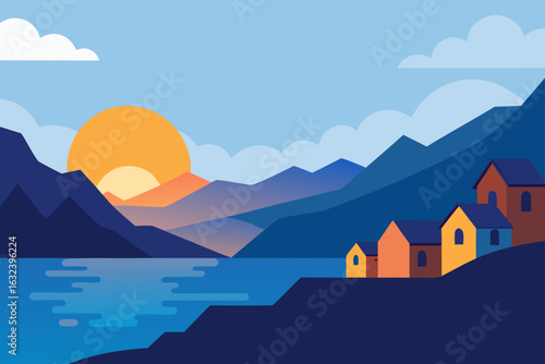 sunrise over calm fjord village
