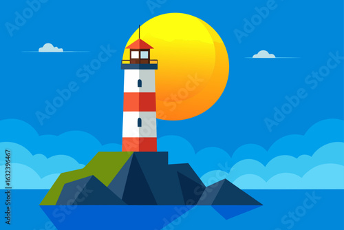 Lighthouse on Sunny Rocky Coast