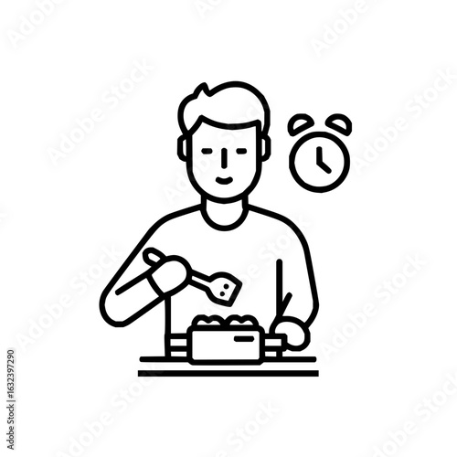 Man cooking with a spoon in front of a bowl and an alarm clock indicating the time in a simple line art