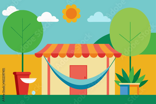 sunny backyard colorful hammock flower patio