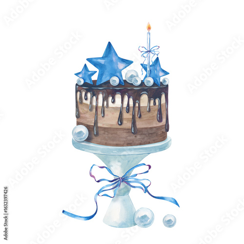 A chocolate cake on a stand with blue decor for celebrating Baby Shower or a boy's birthday, hand-drawn. Watercolor illustration of a dessert with a lighted candle, blue ribbons and stars on a white