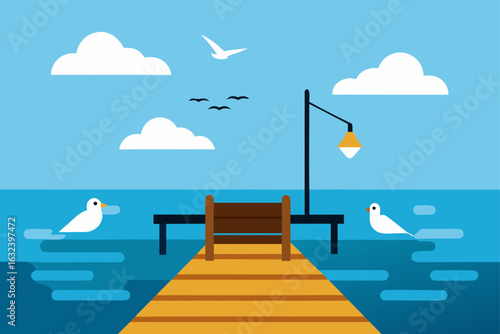 sunny fishing dock seagulls calm water