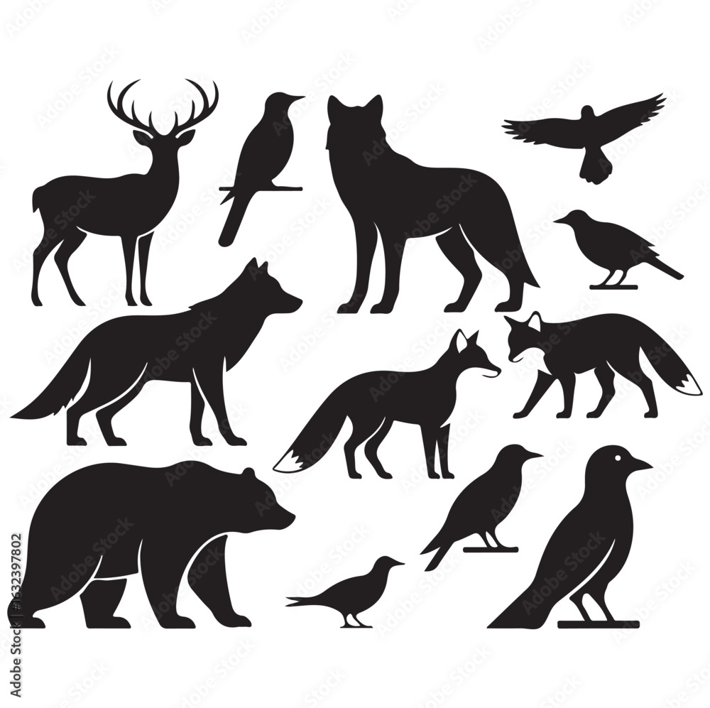 Obraz premium Animal Silhouettes Vector - Black on White Minimal Design. Ai generator