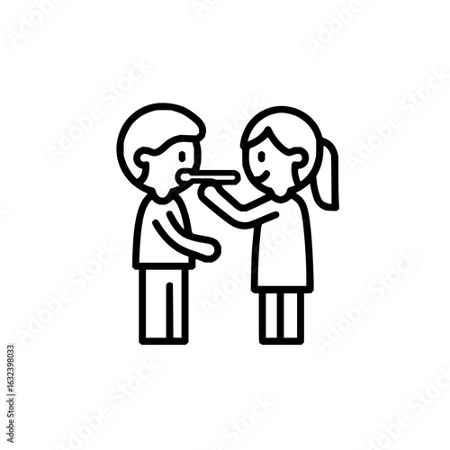 Girl examining a boy with a tongue depressor in a medical setting, simple black line drawing of a checkup scene