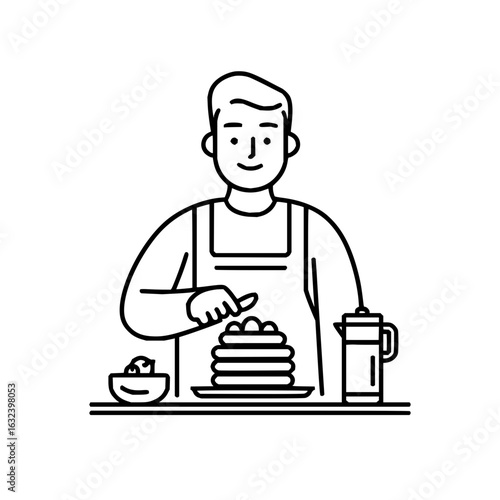 Person in apron preparing pancakes with toppings next to a bowl and a thermos in line art style
