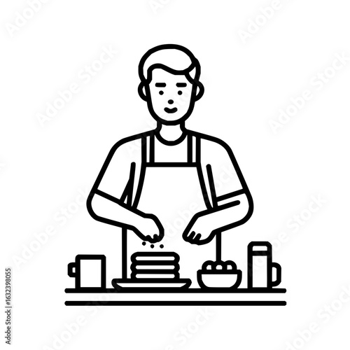 A person wearing an apron preparing pancakes with a bowl and mugs on a table in a line art style image