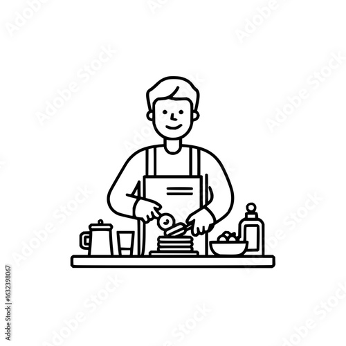 Man in apron preparing food with pancakes, bowl, syrup, and other items on a table in a line art style