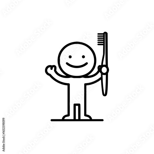 Cartoon figure with a smiling face holding a toothbrush with upright bristles in a simple line drawing