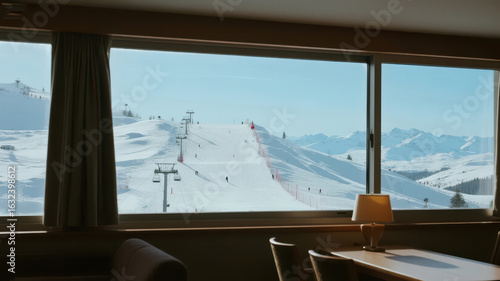 Snowy ski slopes viewed from a cozy indoor setting with large windows and a desk lamp.